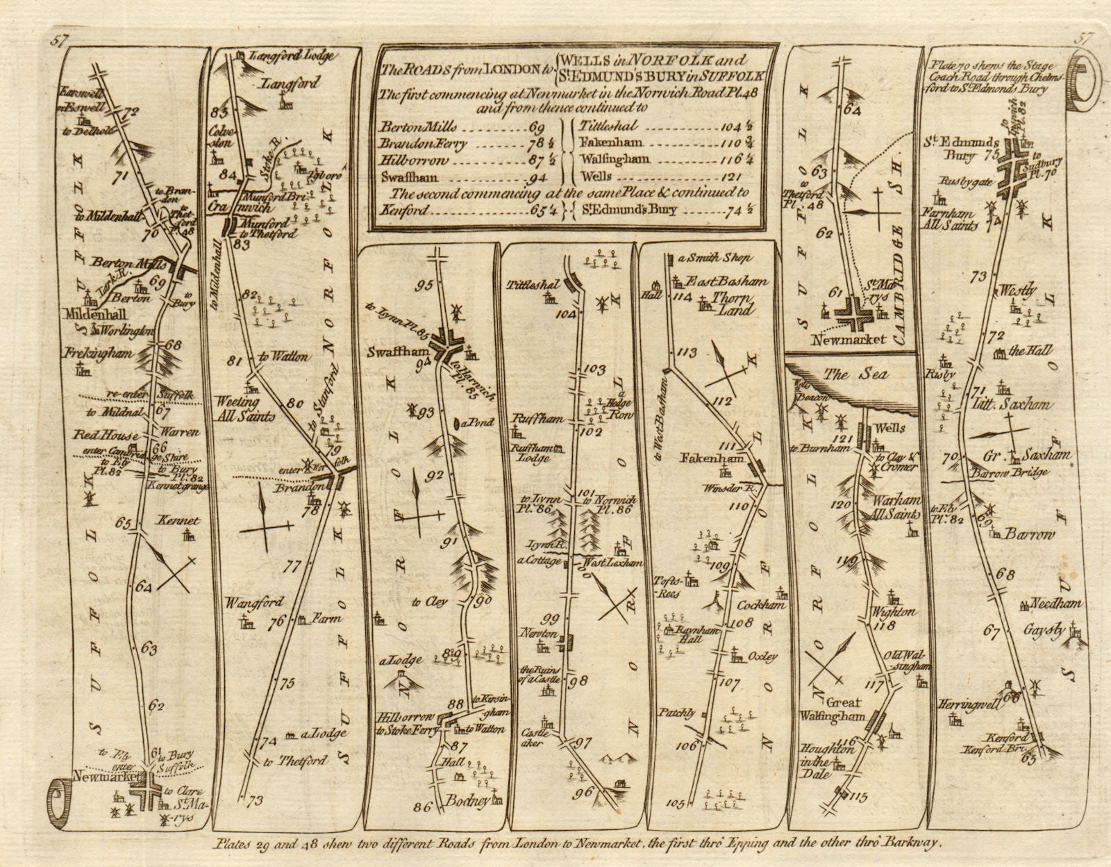 Newmarket Mildenhall Swaffham Bury St Edmunds. KITCHIN road map 1767 old